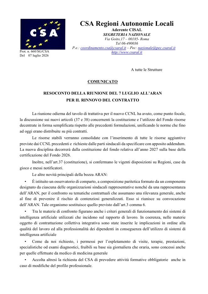 Anteprima Comunicato ARAN 7 luglio 2026