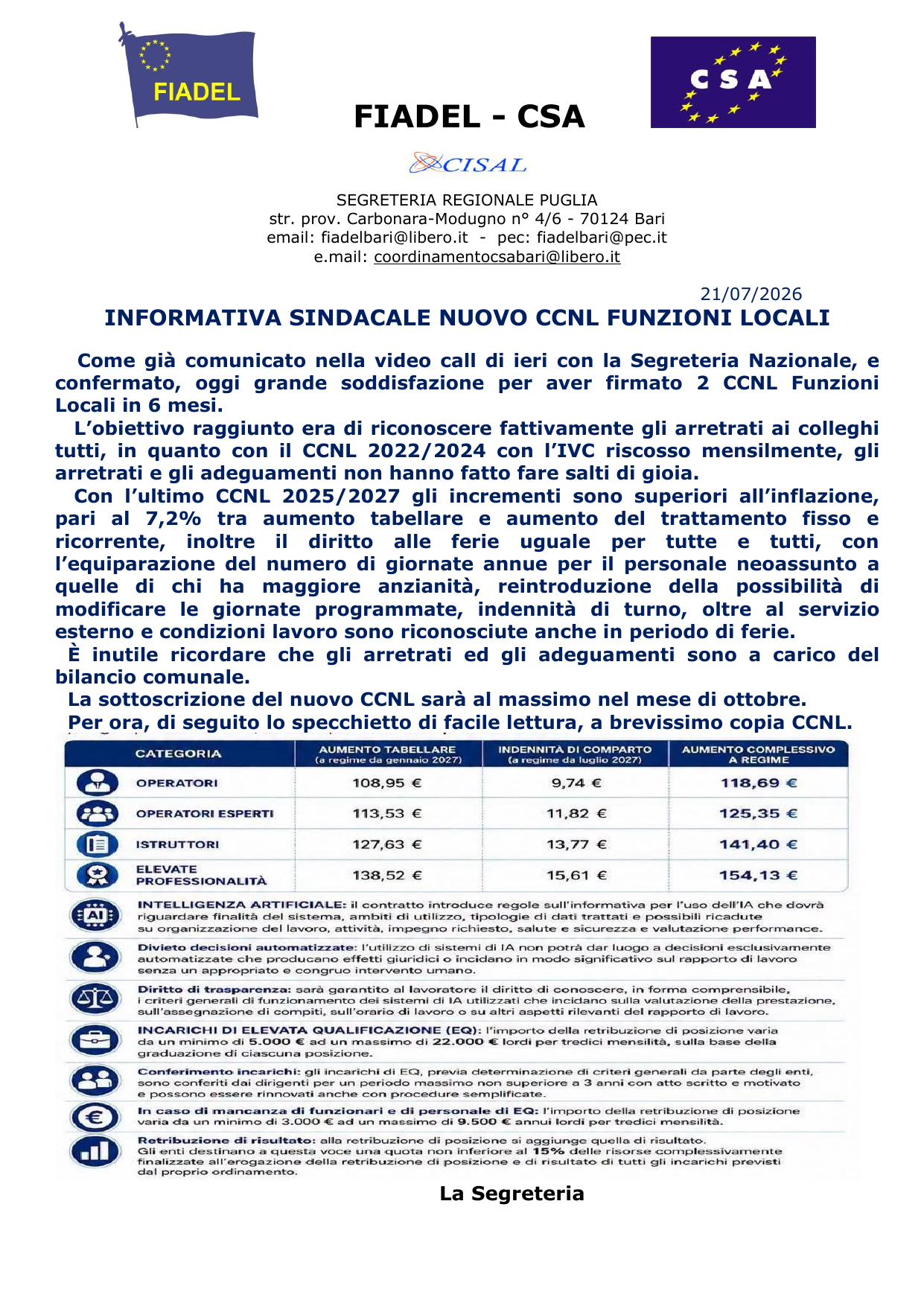 Anteprima Informativa Sindacale CSA